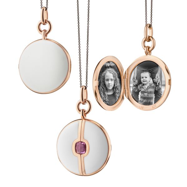 Médaillon Round Locket X Color en vermeil d'or jaune avec émail blanc et saphir rose