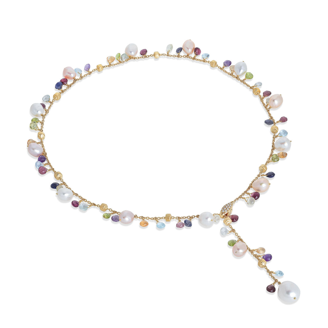 Paradise Yellow Gold, Semi-Precious Gemstone and Pearl Lariat Necklace image number 0