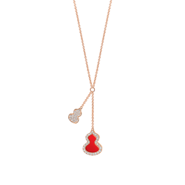 Wulu Petite Rose Gold, Red Agate and Diamond Pavé Drouble Drop Necklace