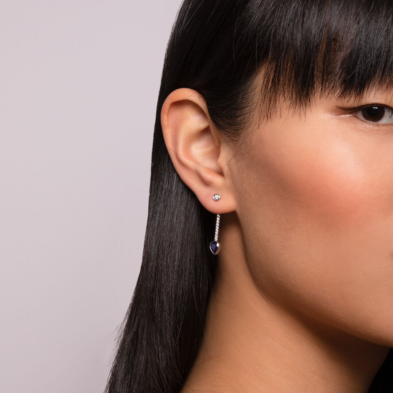 Birks Splash Diamond and Sapphire Versatile Drop Earring on model image number 3
