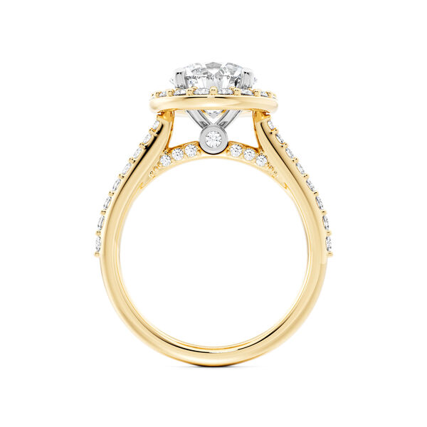 Round Solitaire Diamond Engagement Ring with Halo and Diamond Band in Yellow Gold