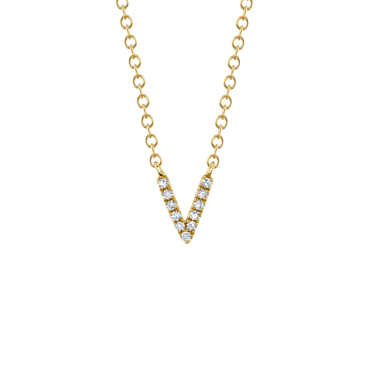 Shy Creation Initials 14k Yellow Gold and Diamond Pavé Letter V Necklace