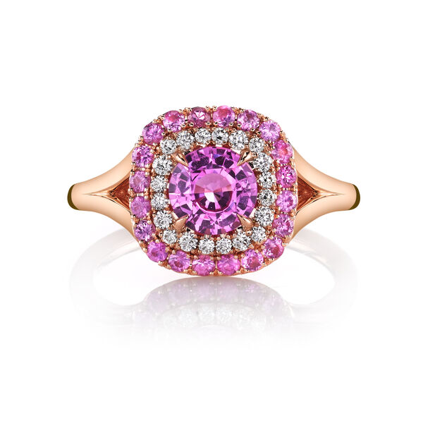 Double Halo Pink Sapphire and Diamond Ring