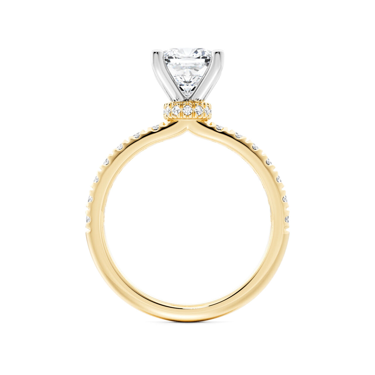 Birks Deco Bague de fian&ccedil;ailles en or jaune avec solitaire taille coussin et pav&eacute; de diamants, avec halo cach&eacute; en pav&eacute; image number 2