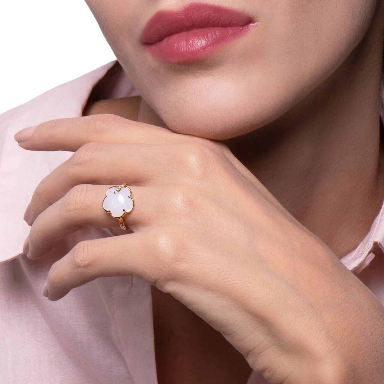 Pasquale Bruni Petit Joli Rose Gold, White Agate and Diamond Ring 16118R On Model image number 1
