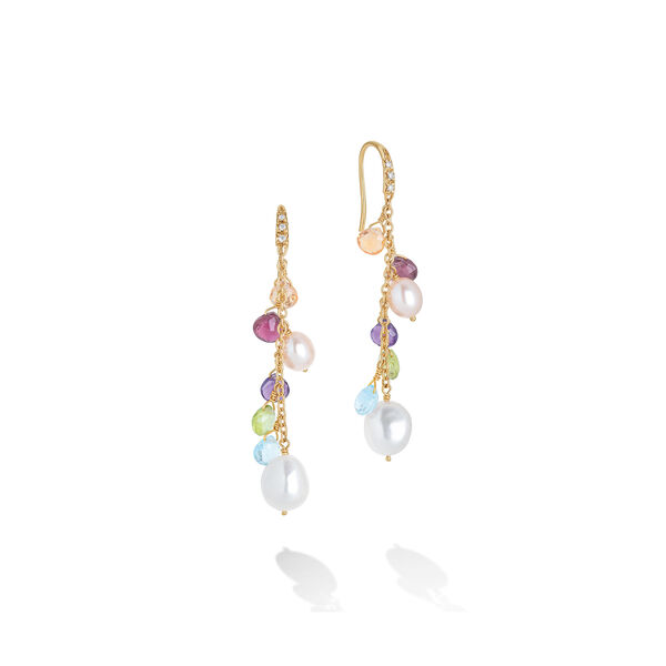 Boucles d'oreilles pendentives pendentives Paradise en or jaune avec pierres de couleur et perles
