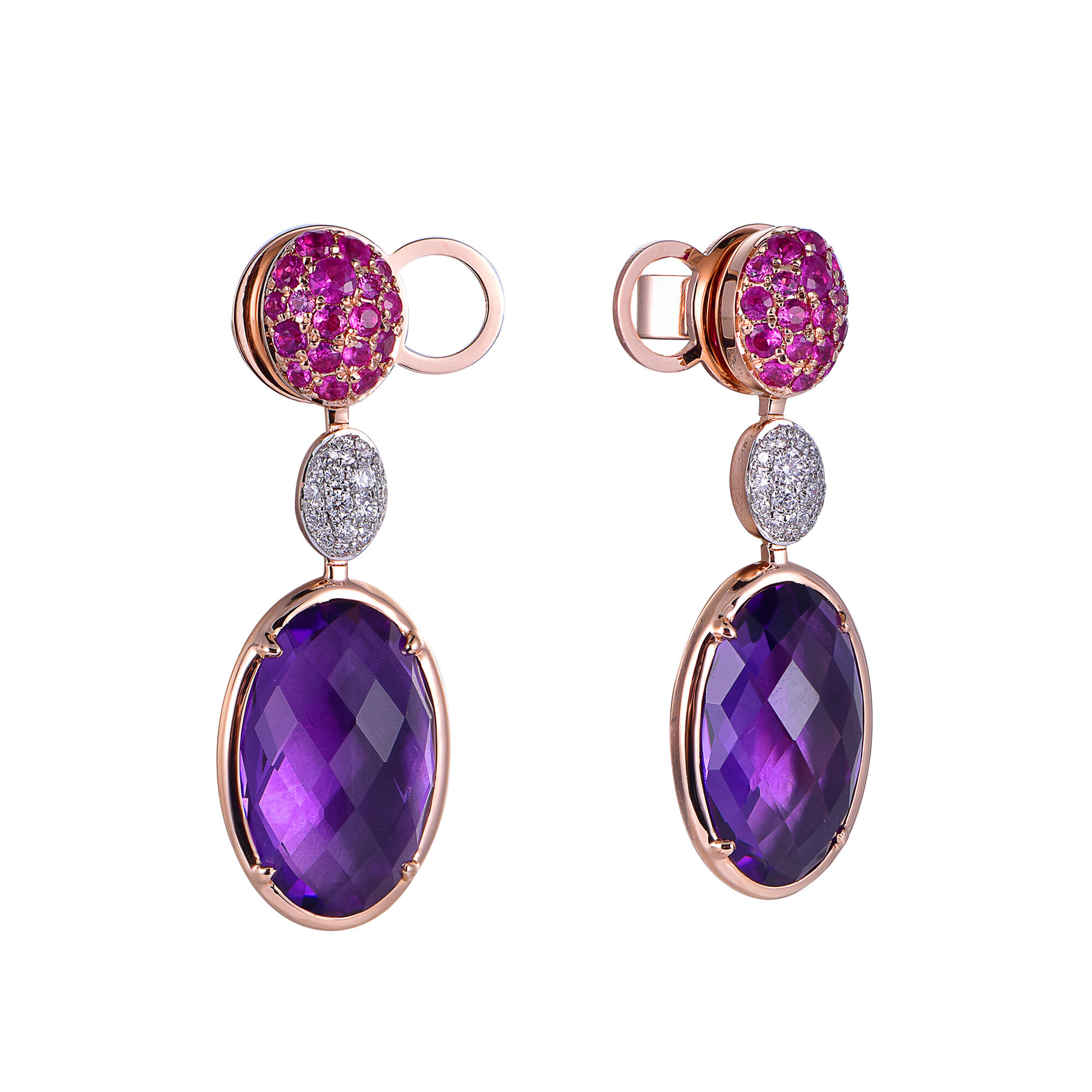 Pink Sapphire and Amethyst Earrings in Rose Gold