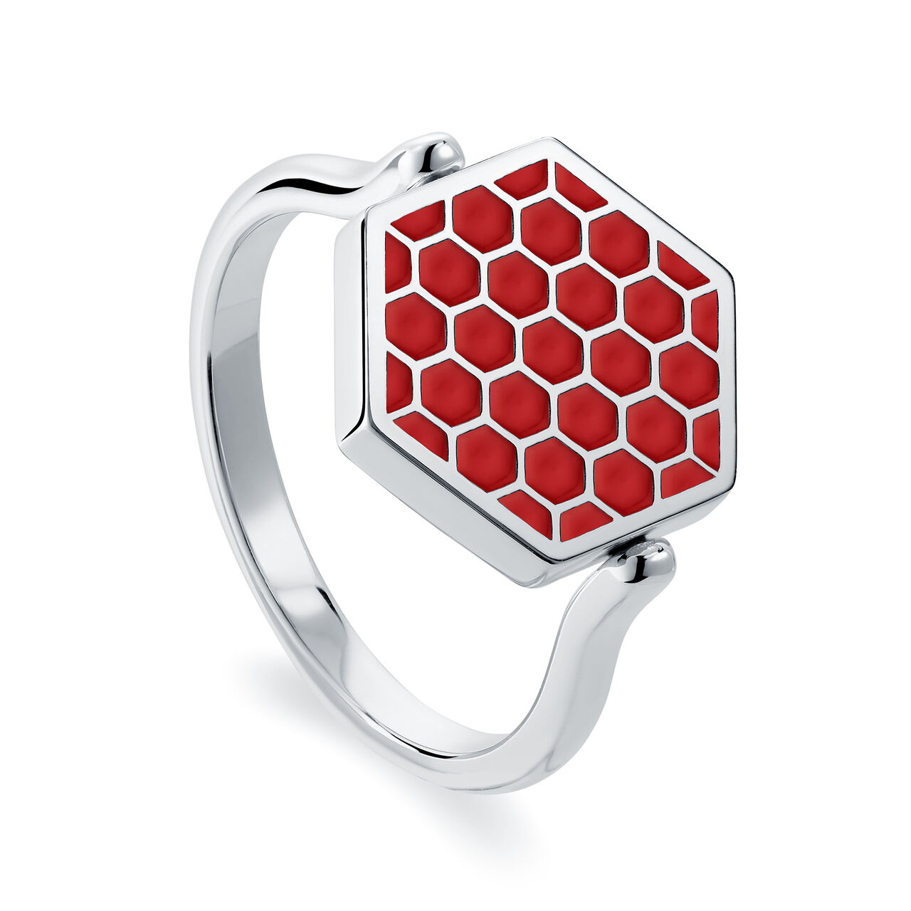 Bague hexagonale réversible en émail rouge en argent sterling image number 2