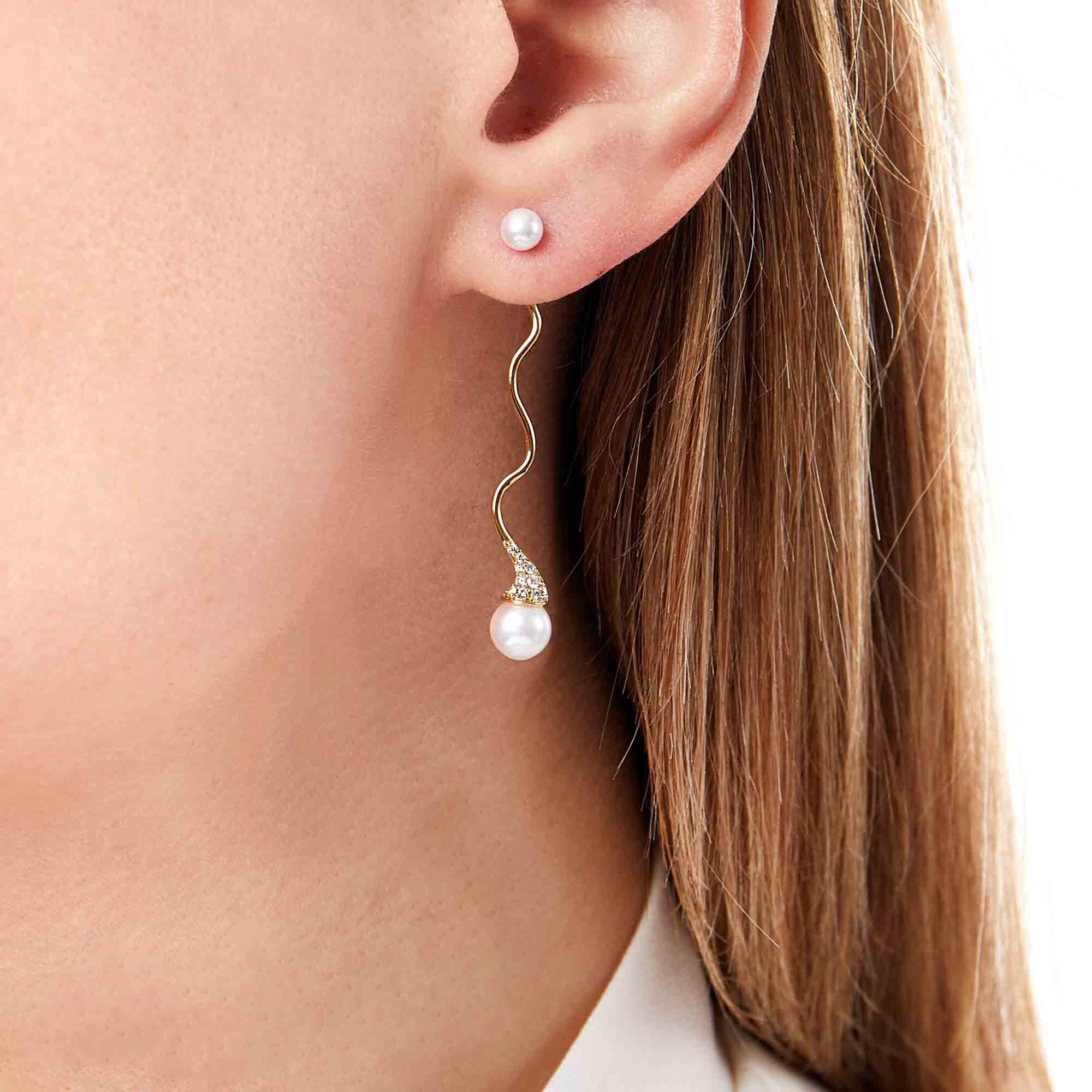Sleek Yellow Gold Pearl and Diamond Earrings Yoko London