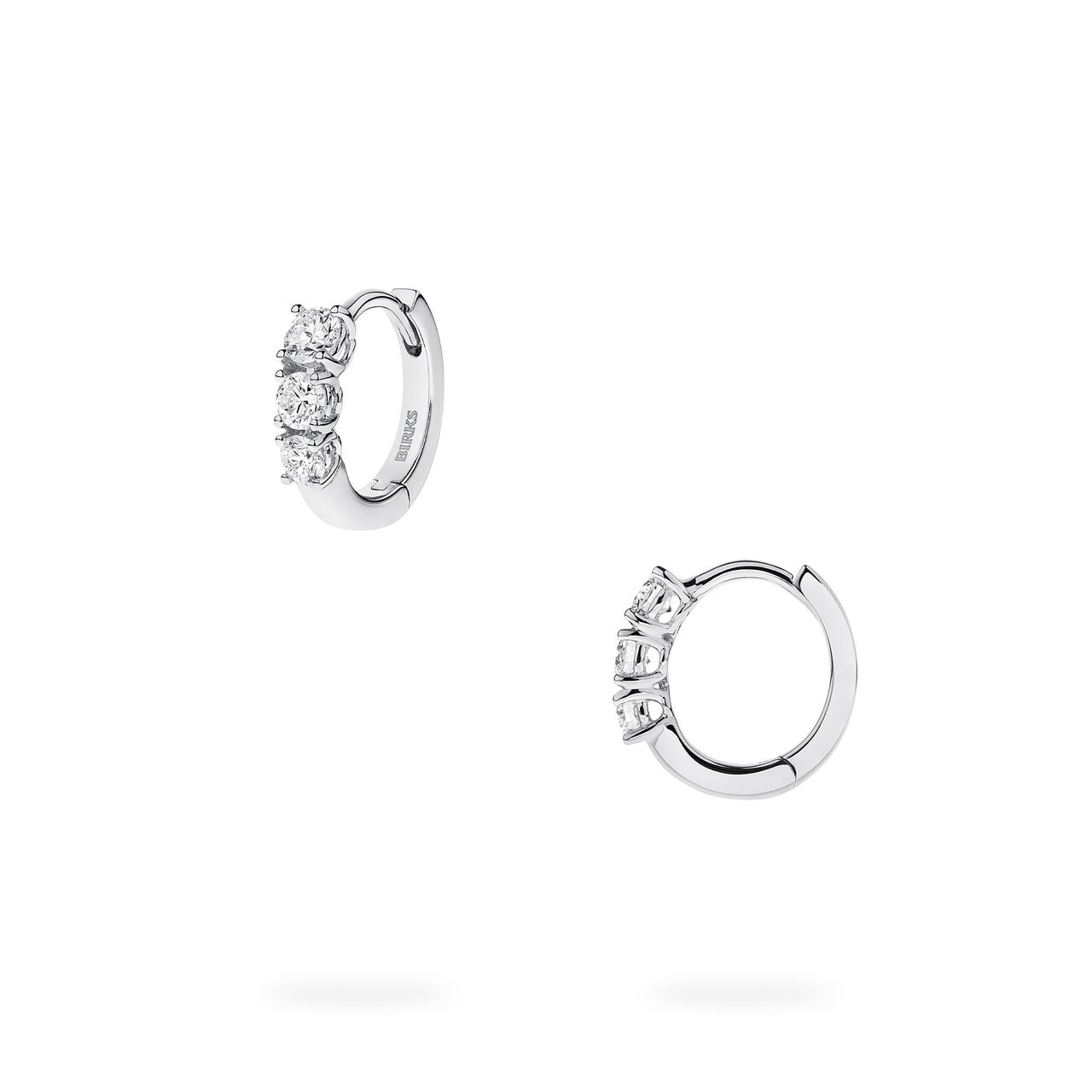 Front and side view of Birks Essentials Diamond Huggies in white gold image number 0