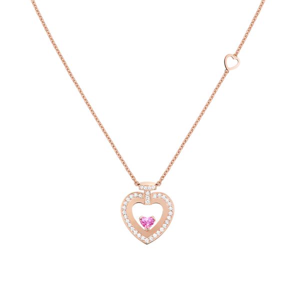 Pendentif Pretty Woman en or rose avec saphir rose et pavé de diamants, moyen modèle
