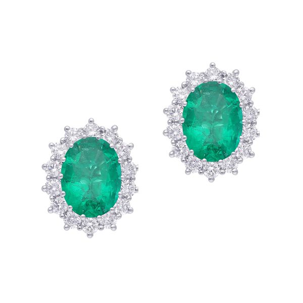 Oval Emerald and Sunburst Diamond Halo Stud Earrings