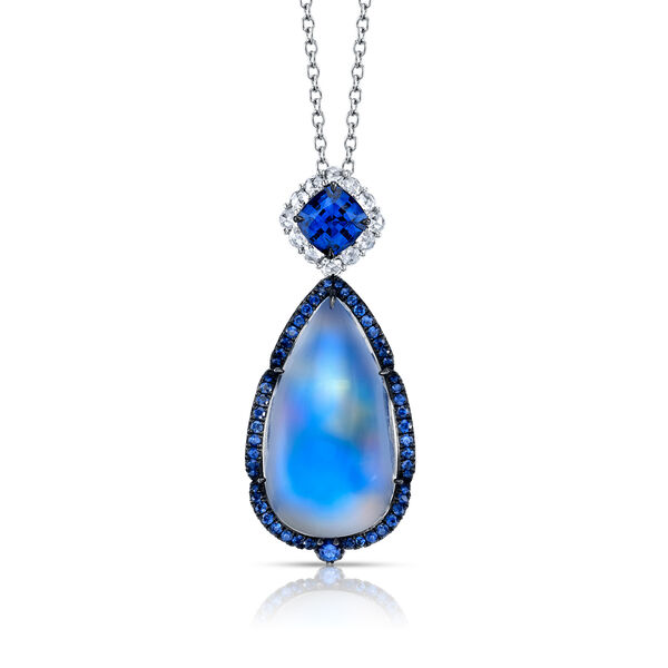Pendentif avec pierre de lune avec saphir coupe poire et diamants