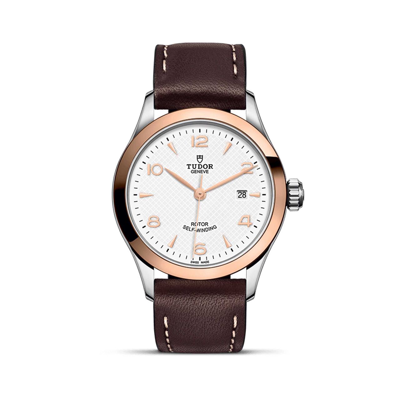 Tudor 1926 Boîtier en acier 28 mm^ lunette en or rose^ bracelet en cuir brun image number 0