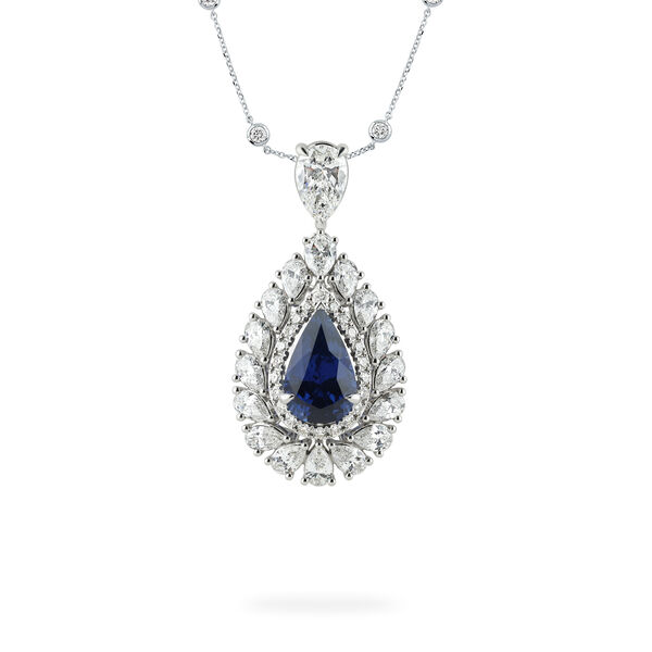 Sapphire Pear-Cut Station Pendant Necklace with Diamonds in White Gold