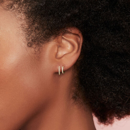 Yellow Gold Huggie Earrings with Diamonds On Model image number 1