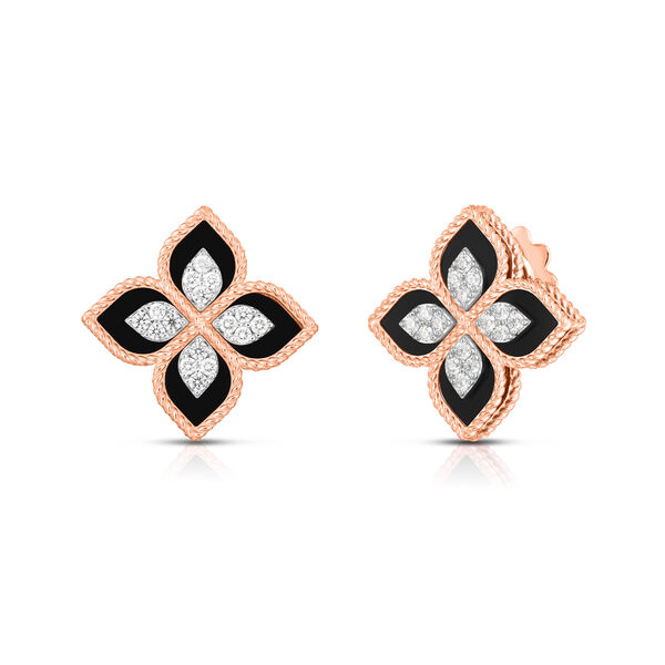 Venetian Princess Rose Gold Black Jade and Diamond Stud Earrings