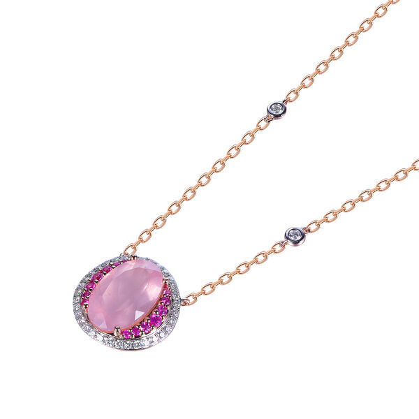 Pendentif Quartz Rose Avec Accents de Saphirs Rose et Diamants en Or Rose