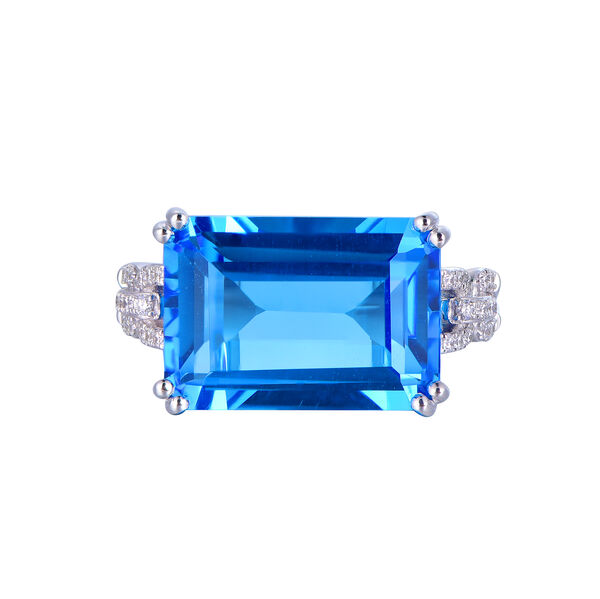 Bague Topaze Bleue Suisse Octogonale en Or Blanc