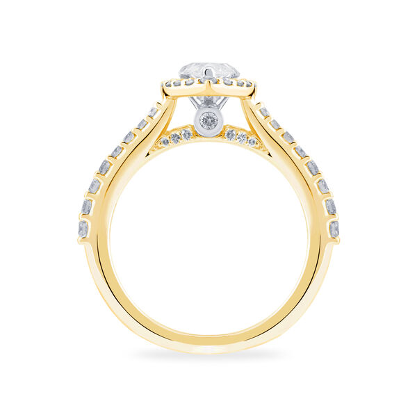 Yellow Gold Pear Cut Diamond Engagement Ring With Single Halo And Diamond Band