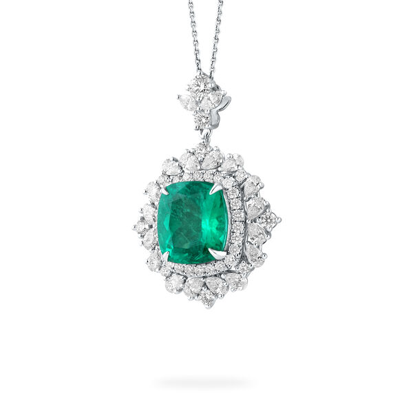 Emerald Cushion-Cut Pendant with Diamonds in White Gold