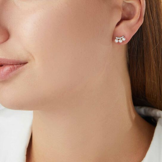 yoko london sleek white gold 3 pearl diamond climbers earrings qye2224 7x on model image number 1