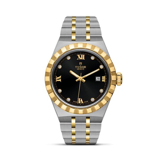 maison birks tudor royal 28 mm steel case black diamond set dial steel and gold bracelet m28303 0005 image number 0