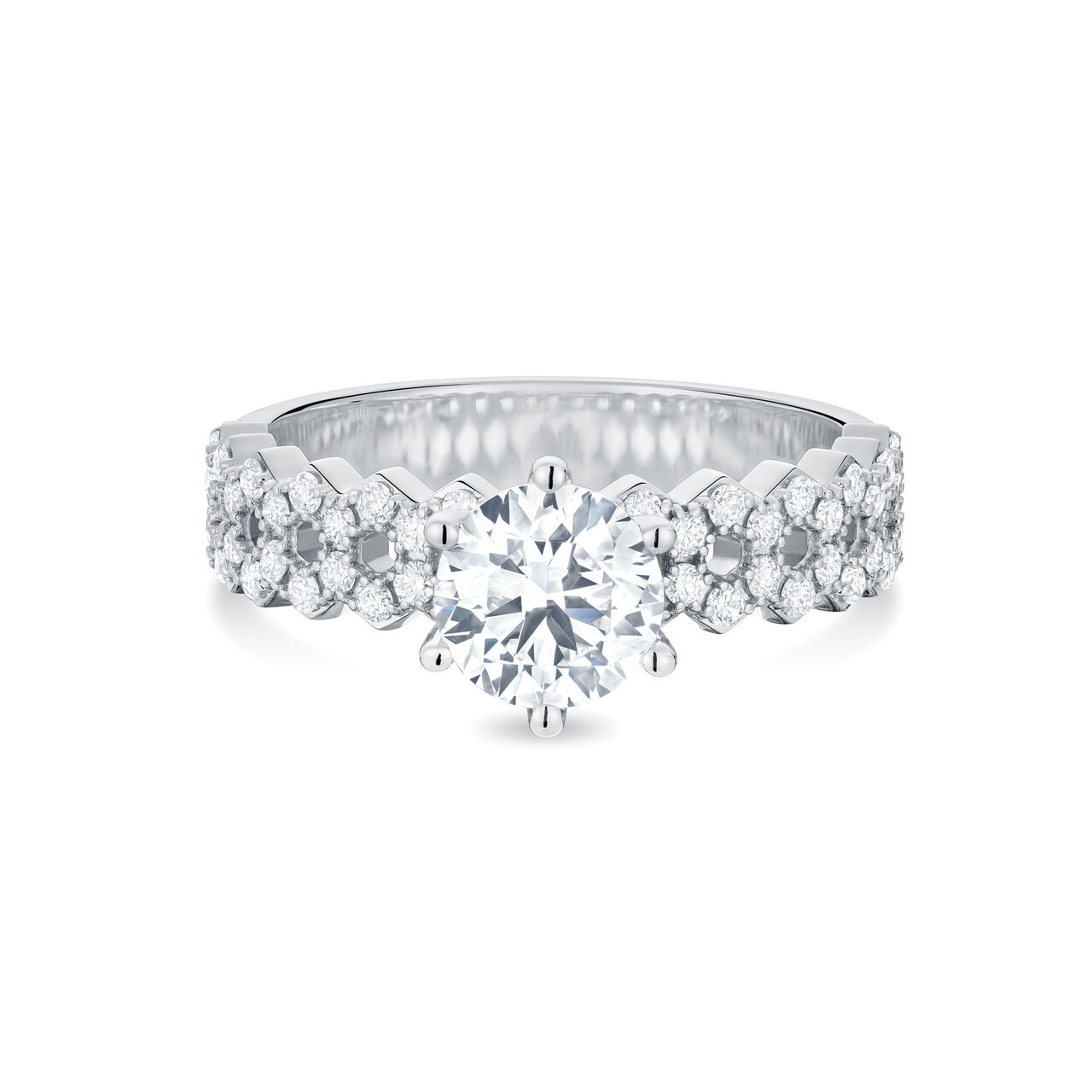 Bijoux Birks Bee Chic Round Solitaire Diamond Engagement Ring With White Gold And Diamond Paved Band image number 0