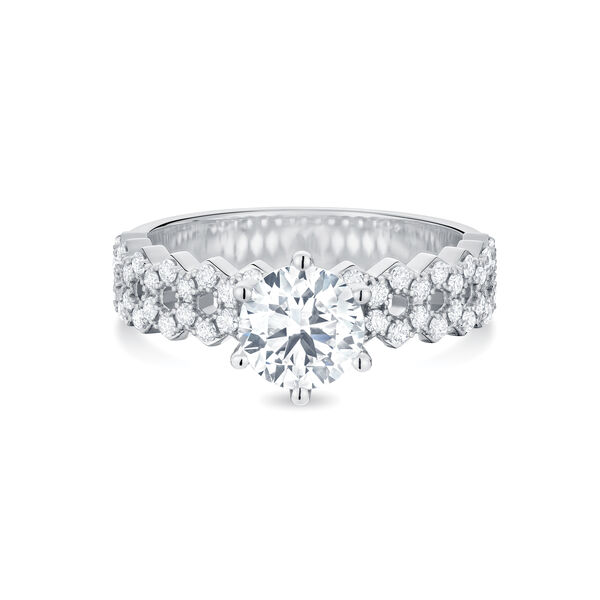 Bague de fiançailles à diamant solitaire rond avec anneau pavé en or blanc sertie de diamants