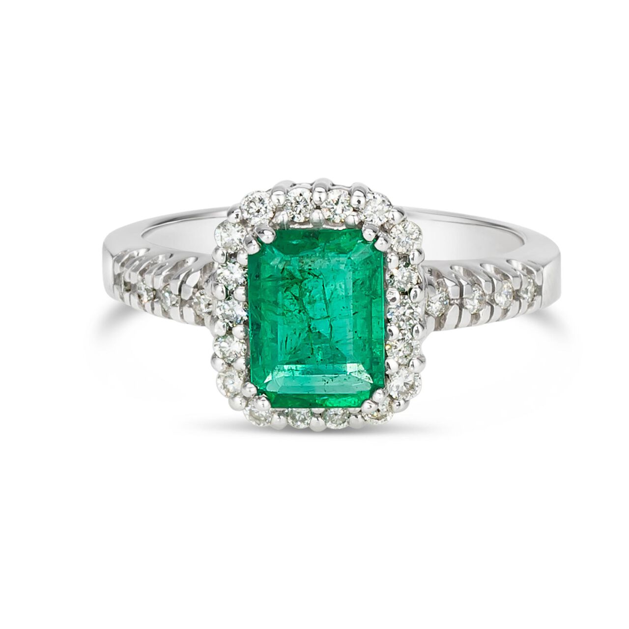 maison birks salon white gold emerald and diamond halo ring rw7623e18ktt front image number 0