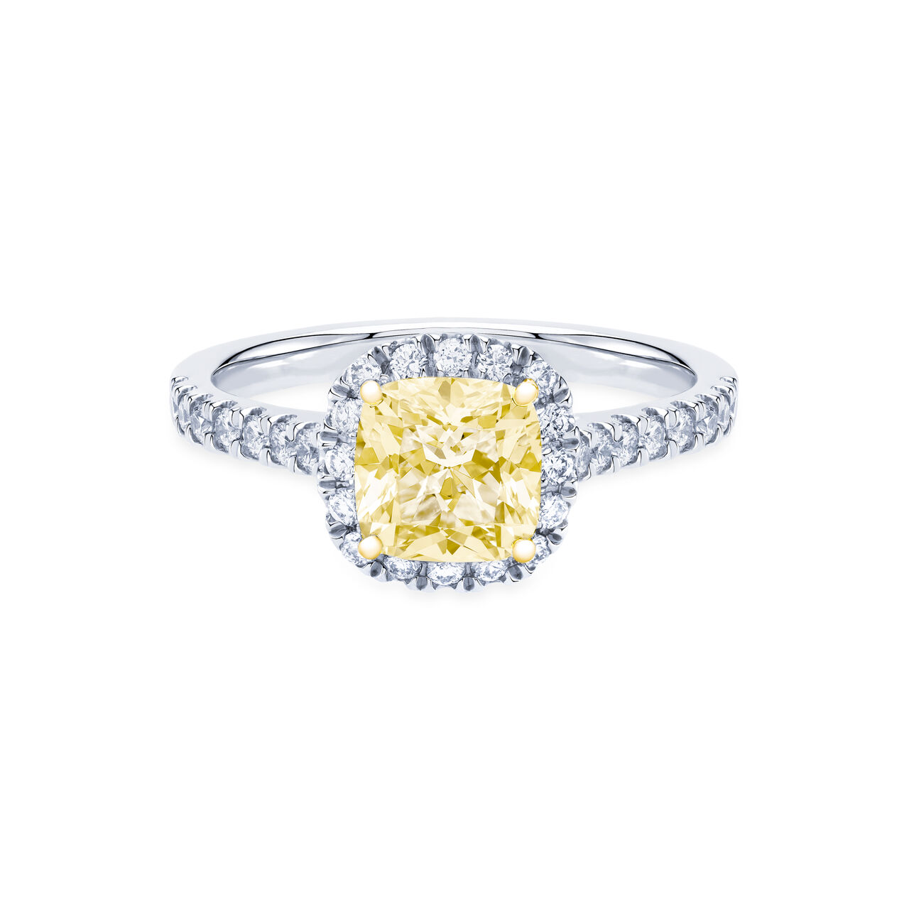 Birks Rosée du Matin Cushion Cut Yellow Diamond Engagement Ring with Halo and Pavé Band Front image number 0