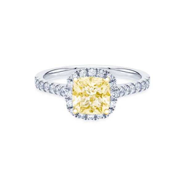 Bague de fiançailles avec diamant jaune de coupe coussin à double halo et anneau pavé de diamants
