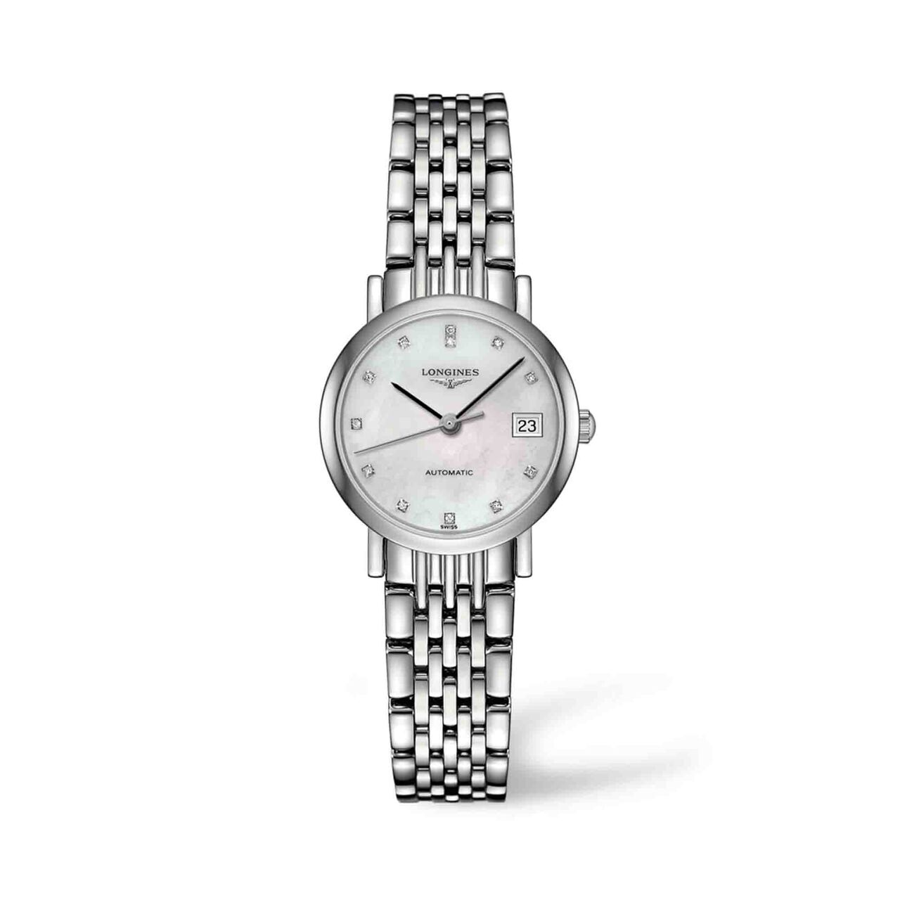 longines elegant collection 25 5mm automatic stainless steel white mop diamonds indexes l43094876 image number 0