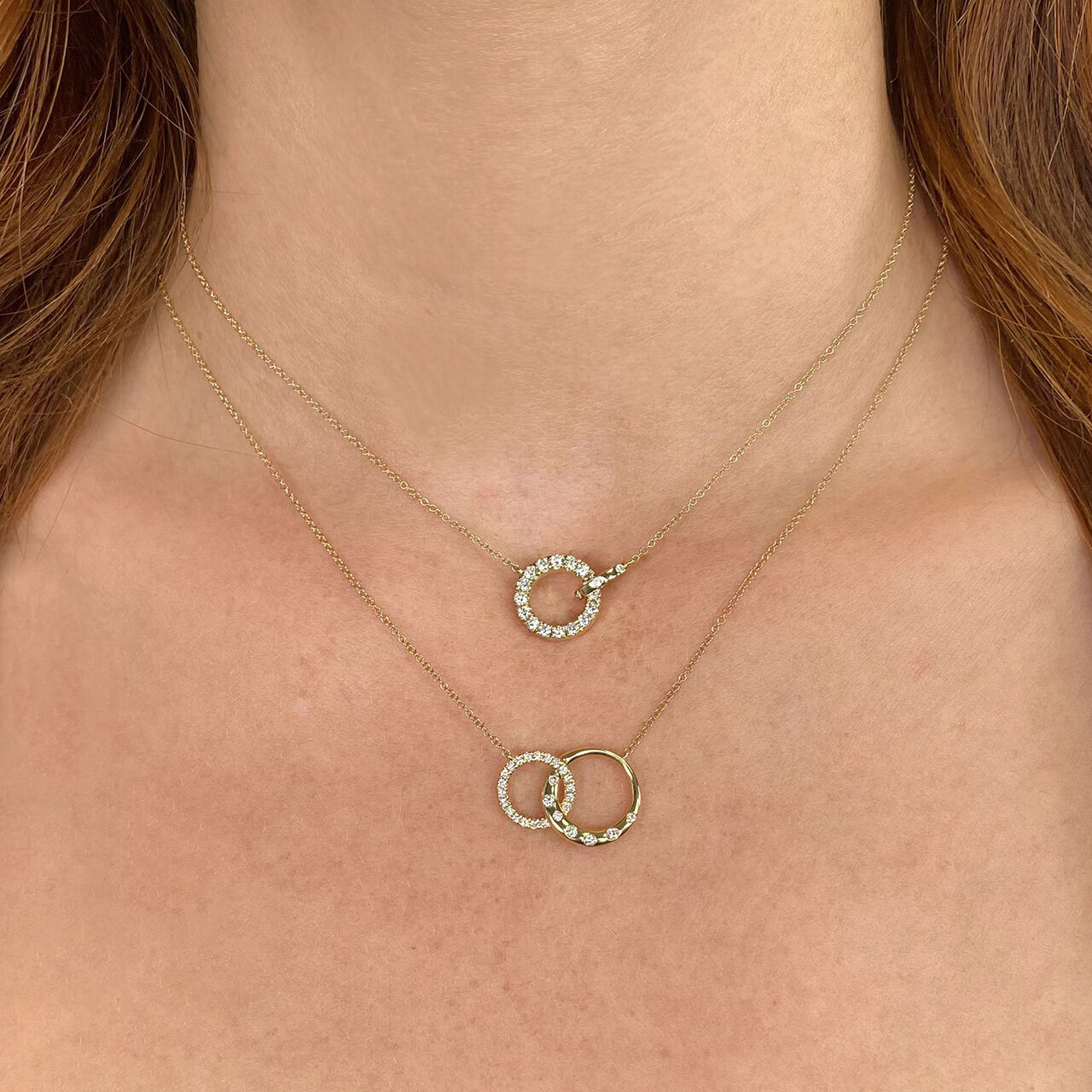 Shy Creation Kate Yellow Gold and Diamond Pavé Double Circle Pendant On Model image number 1