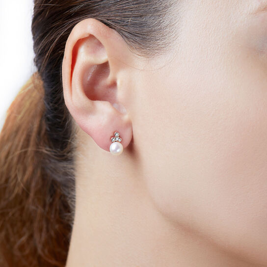 Sleek Rose Gold Pearl and Diamond Earrings image number 1