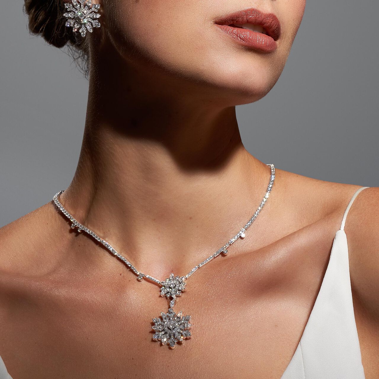 Birks Snowflake Diamond Drop Necklace on model image number 1
