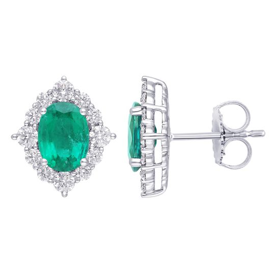 maison birks salon oval emerald diamond halo fancy earrings sg12185e 8x6 em front side image number 1