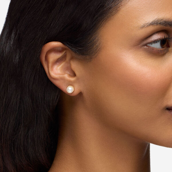Yellow Gold Bead and Freshwater Pearl Earrings