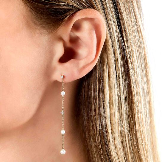 yoko london trend yellow gold pearl diamond drop earrings qye2045 6f on model image number 1