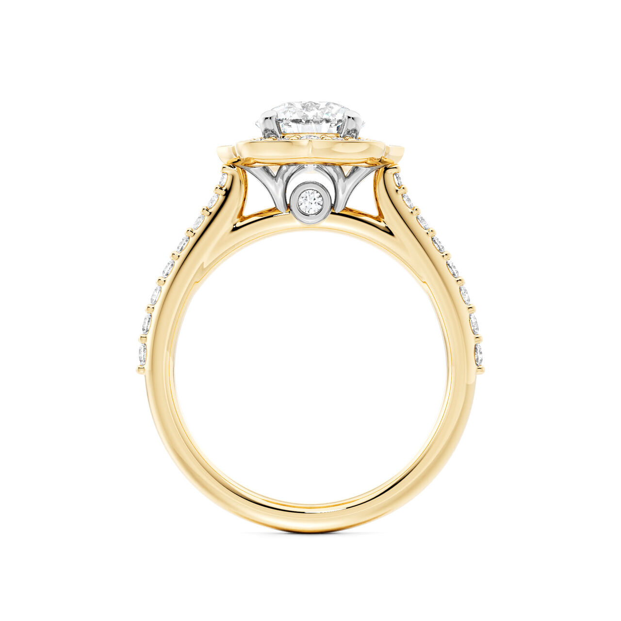 Birks 1879 Heirloom Round Solitaire Diamond Engagement Ring with Halo and Yellow Gold Diamond Pav&eacute; Band image number 2