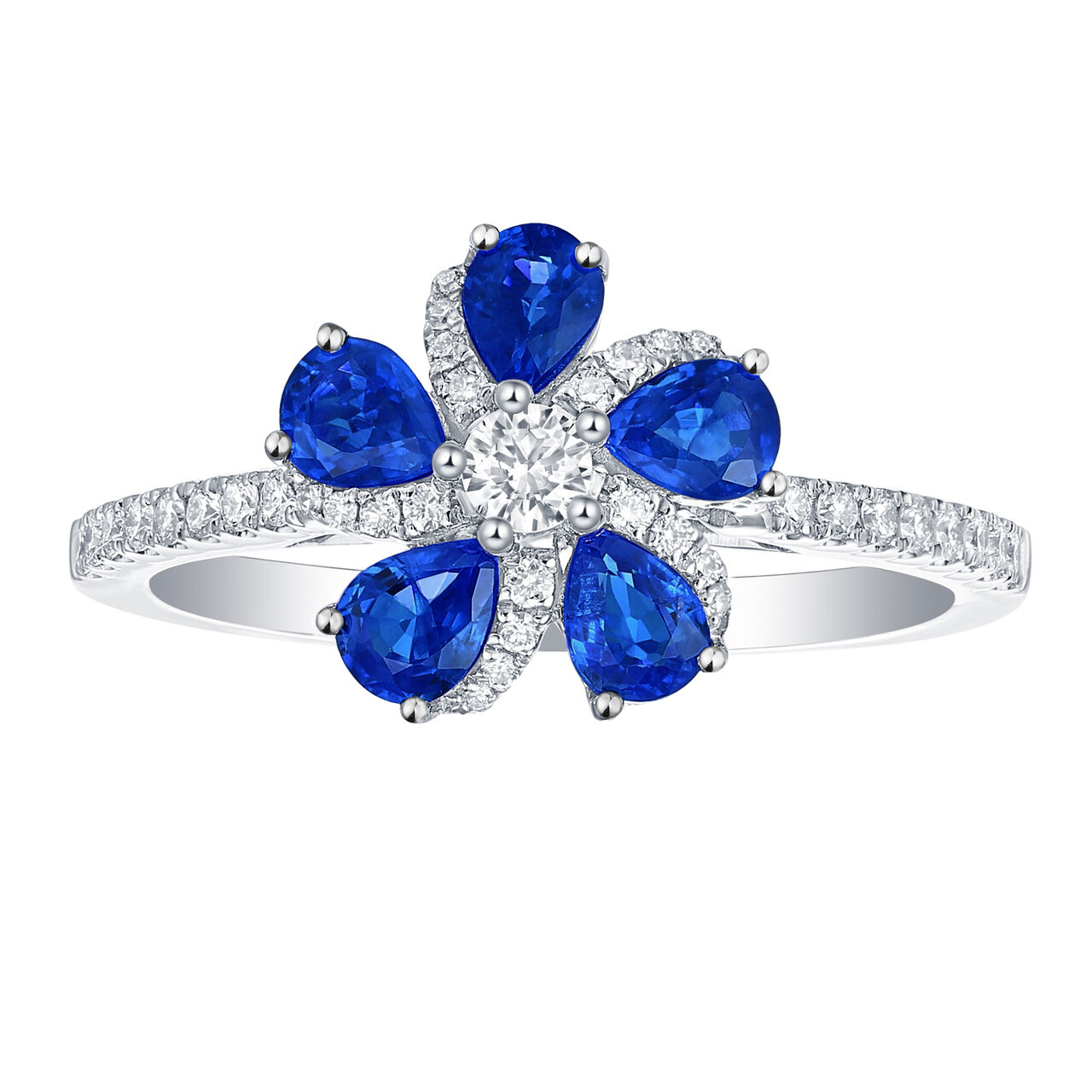 Bague Fleur de Saphirs Bleus et Diamants en Or Blanc image number 0