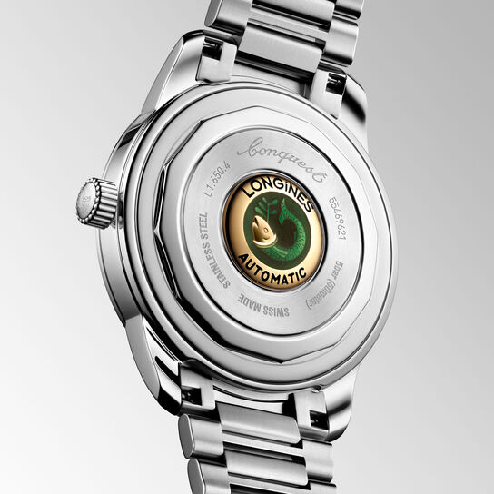 Rear view showing engraved caseback and stainless steel strap image number 3