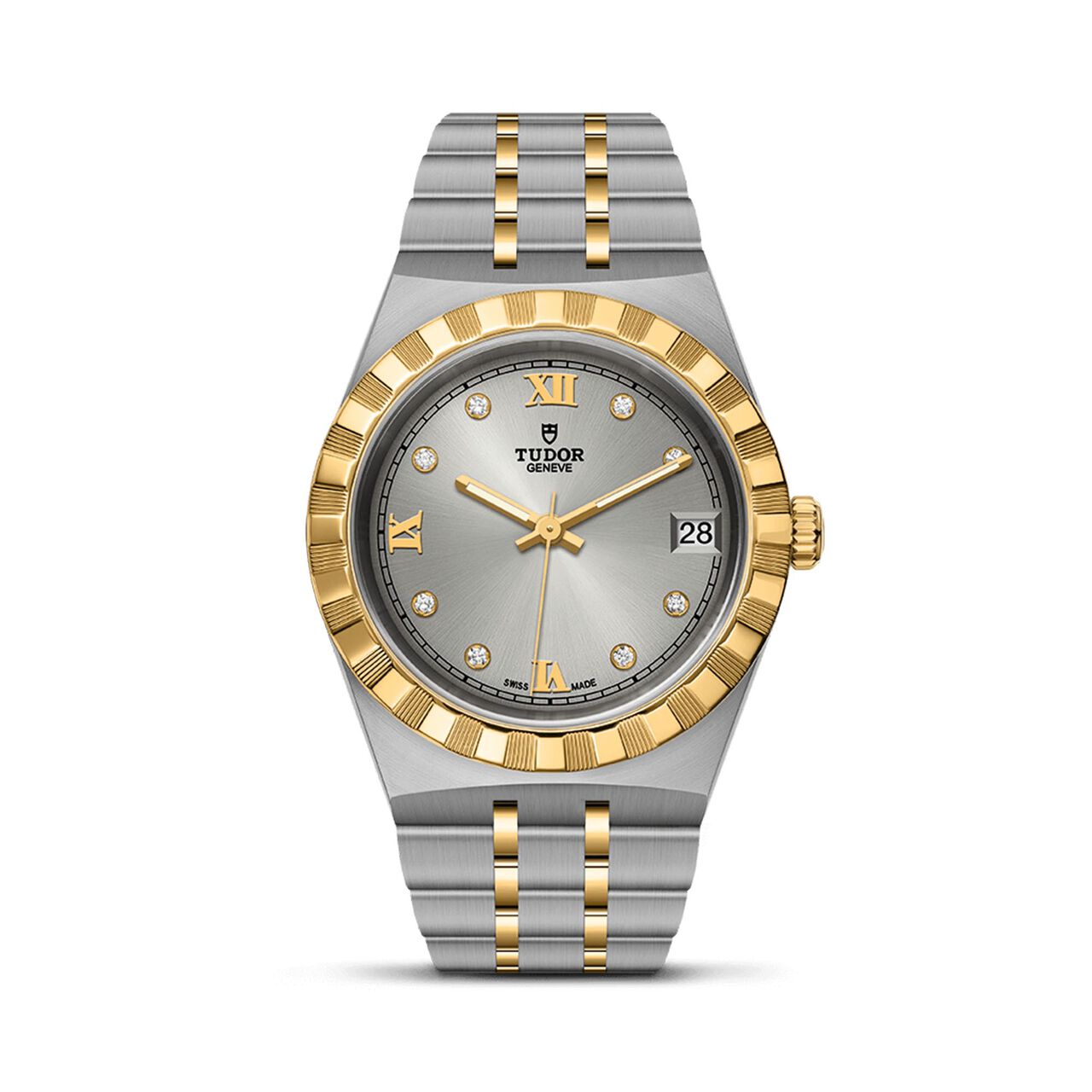 tudor royal 34 mm steel case silver diamond set dial steel and gold bracelet m28403 0002 image number 0
