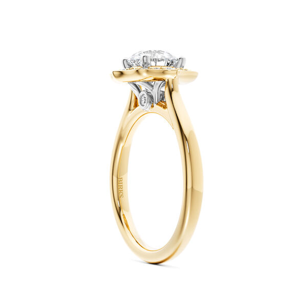 Heirloom Round Solitaire Diamond Engagement Ring with Halo and Yellow Gold Diamond Band