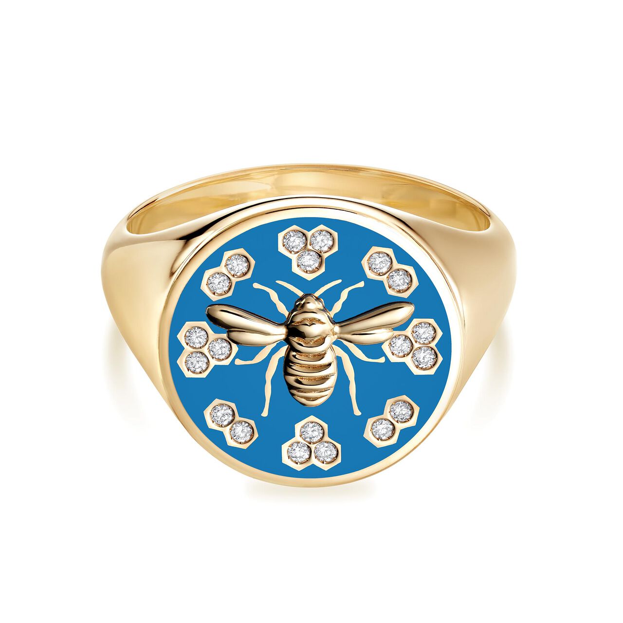 Bijoux Birks Bee Chic Large Blue Enamel And Diamond Round Signet Ring In Yellow Gold image number 0