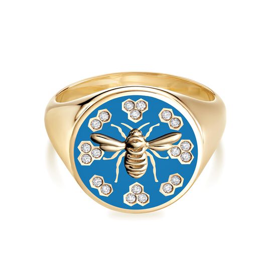 Bijoux Birks Bee Chic Large Blue Enamel And Diamond Round Signet Ring In Yellow Gold image number 0