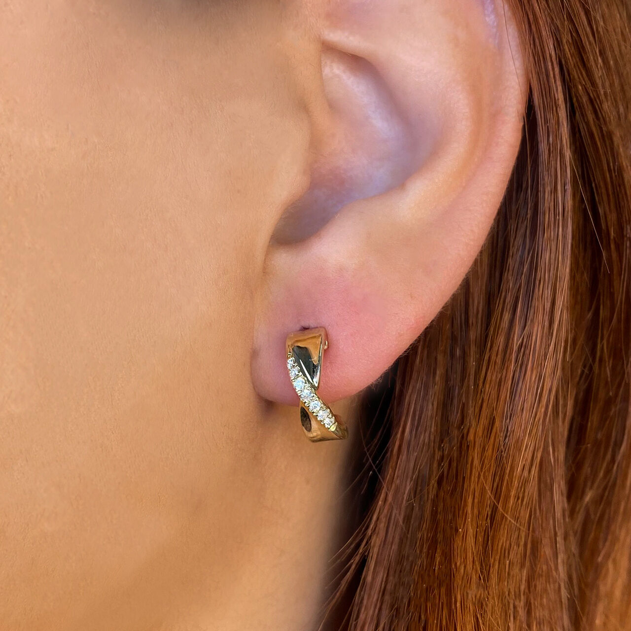Shy Creation Kate Yellow Gold and Diamond Pavé Hoop Earring SC22008929 On Model image number 1