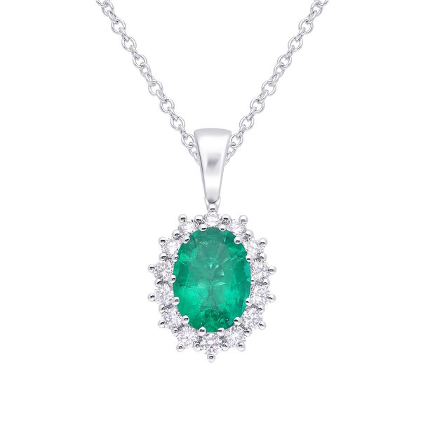 Pendentif avec émeraude ovale et halo de diamants motif Soleil
