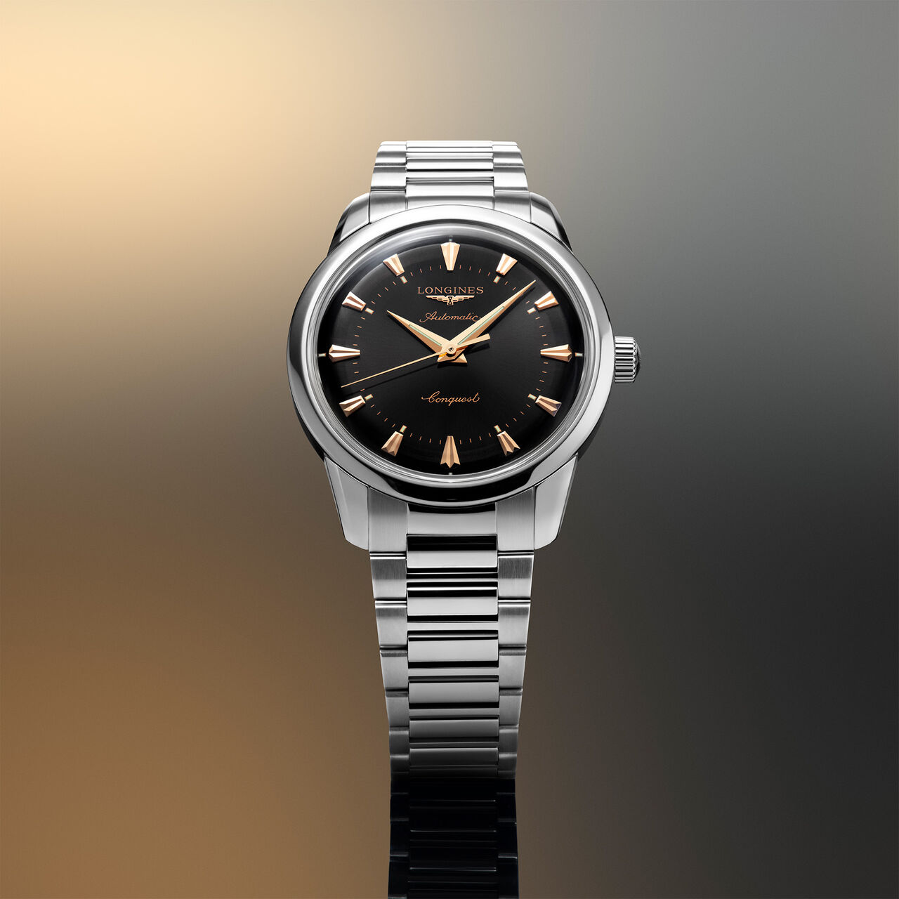 Watch placed on styled background showing black dial and gold hands image number 1