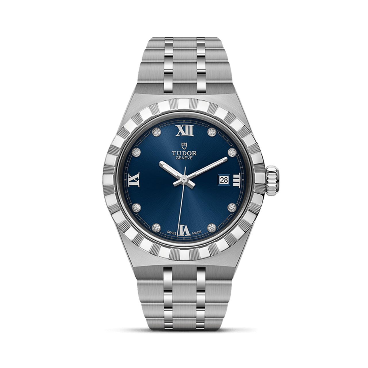 maison birks tudor royal 28 mm steel case blue diamond set dial steel bracelet m28300 0007 image number 0